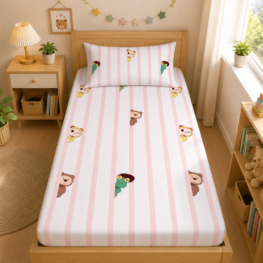 Peekaboo Pals Single Bed Cotton Bedsheet with 1 Pillow Cover | Soft Kids Printed Bedding Set | Premium Breathable Bed Linen