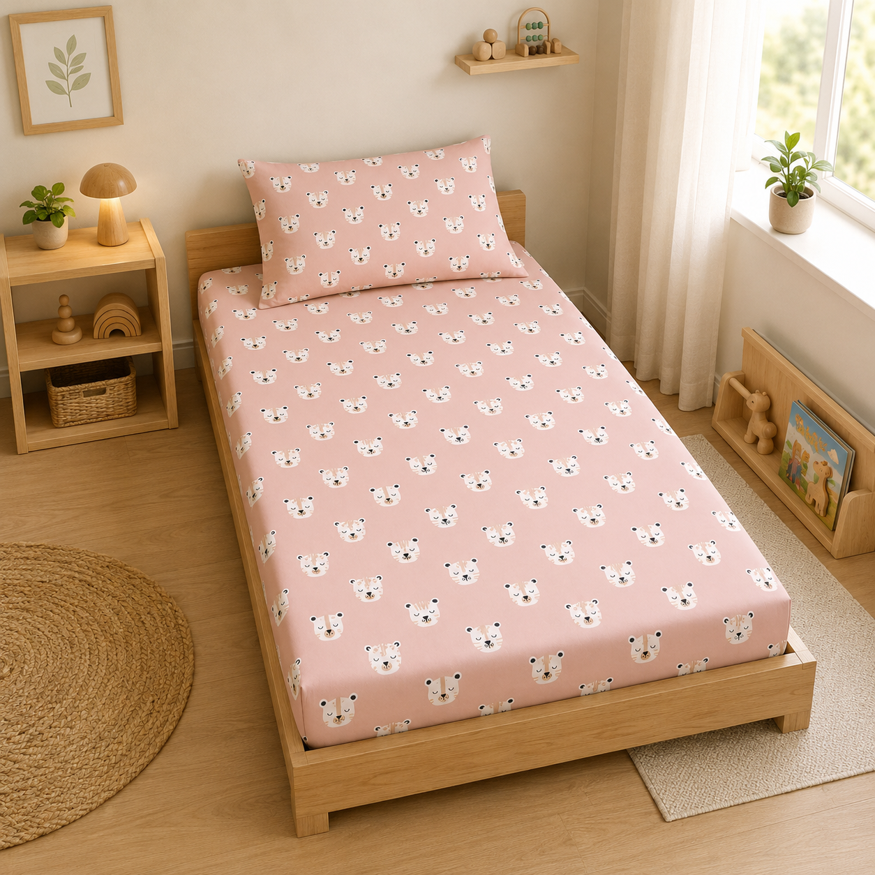 Tiger Cub Cuddle Single Bed Cotton Bedsheet with 1 Pillow Cover | Soft Pink Kids Bedding Set | Premium Breathable Bed Sheet for Girls & Boys