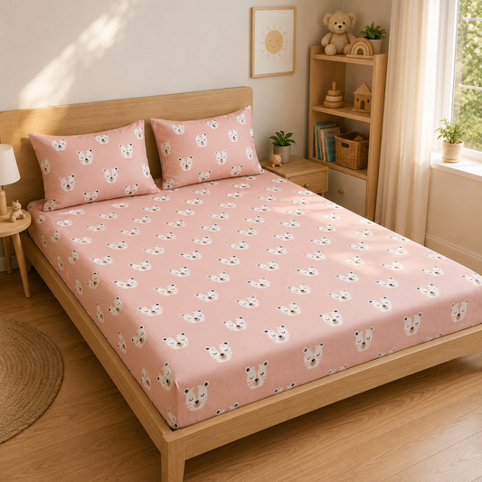 Cute White Tiger Print Double Bed Cotton Bedsheet with 2 Pillow Covers | Soft Pink Kids Bedding Set | Premium Breathable Bed Linen