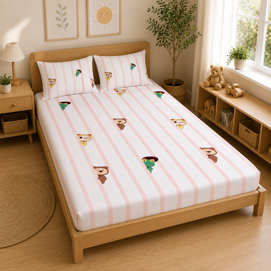 Peekaboo Pals Double Bed Cotton Bedsheet with 2 Pillow Covers | Soft Kids Printed Bedding Set | Premium Breathable Bed Linen