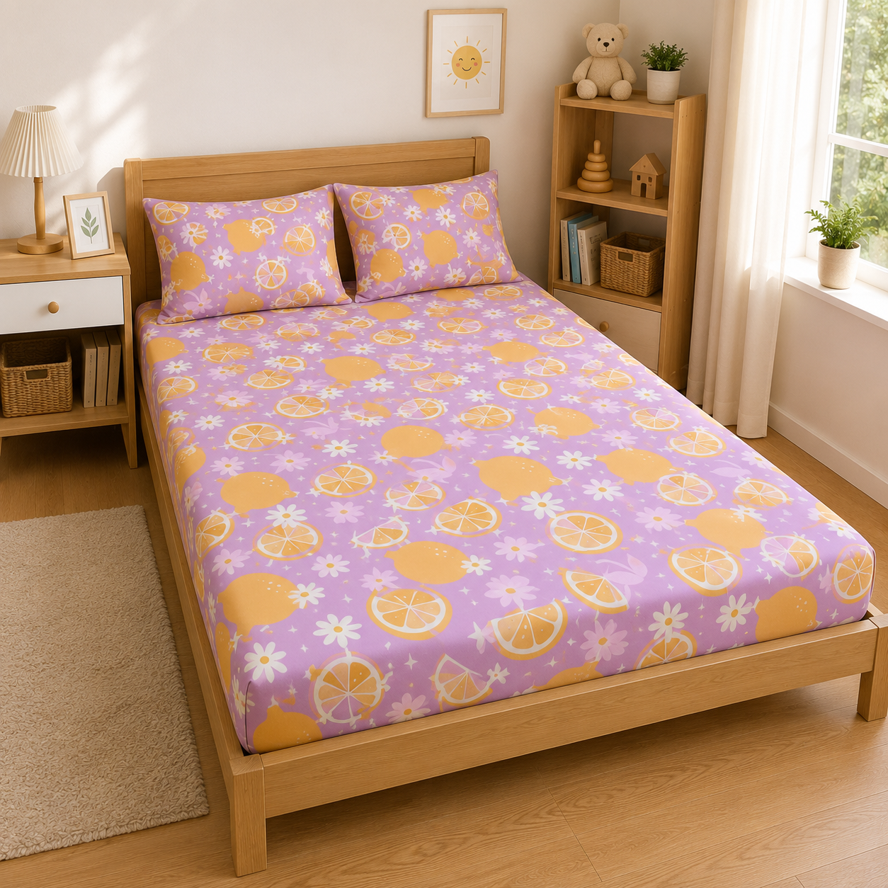 HABOO Citrus Bloom Kids Double Bed Bedsheet with 2 Pillow Covers | Lemon & Daisy Print | Soft Cotton Blend | 90 × 100 Inch