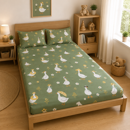 Kids Cotton Double Bed Bedsheet with 2 Pillow Covers | Cute Goose Print Green Bed Sheet for Boys & Girls | Soft Breathable Bedding Set