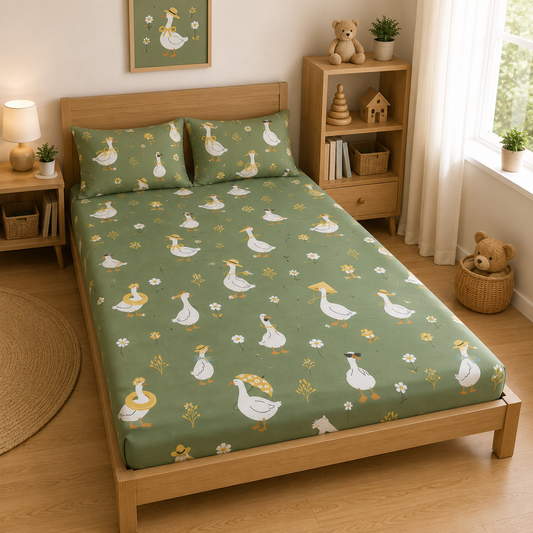 Kids Cotton Double Bed Bedsheet with 2 Pillow Covers | Cute Goose Print Green Bed Sheet for Boys & Girls | Soft Breathable Bedding Set