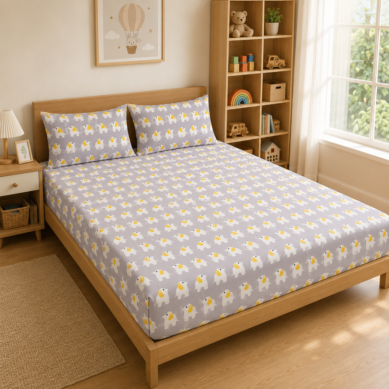 HABOO Kids Double Bed Bedsheet with 2 Pillow Covers | Cute Elephant Print Soft Cotton Blend Bedding Set for Boys & Girls | 90 × 100 Inch