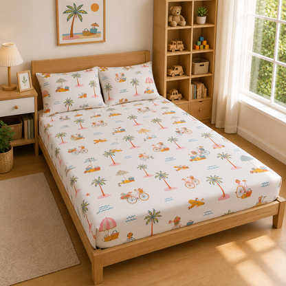 Premium Cotton King Size Double Bed Bedsheet Set with 2 Pillow Covers | Palm Tree & Beach Theme