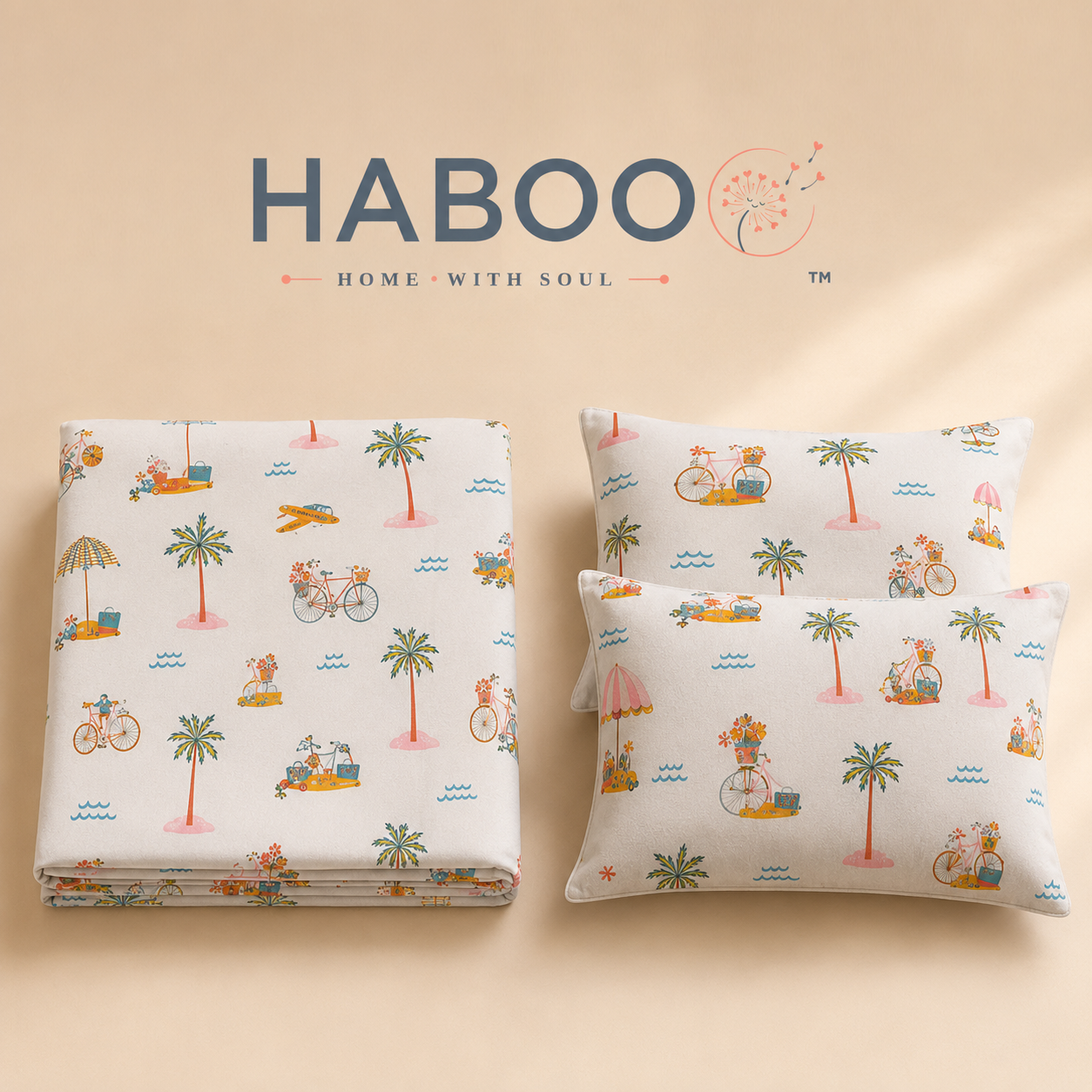Premium Cotton King Size Double Bed Bedsheet Set with 2 Pillow Covers | Palm Tree & Beach Theme