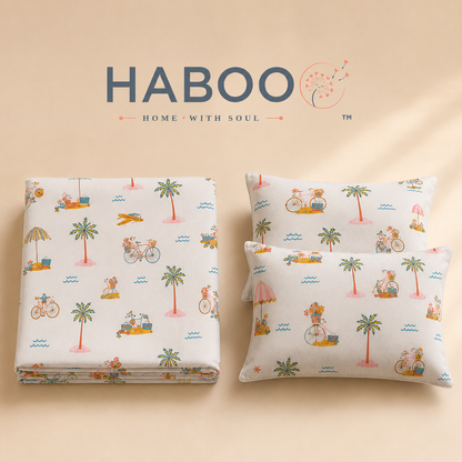 Premium Cotton King Size Double Bed Bedsheet Set with 2 Pillow Covers | Palm Tree & Beach Theme