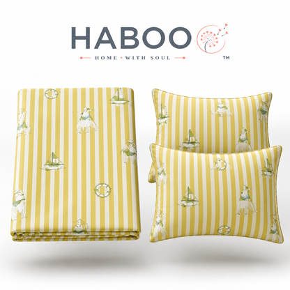 HABOO Kids Double Bed Bedsheet with 2 Pillow Covers | Soft Cotton Blend Nautical Sailing Print Bedding Set for Boys & Girls | 90 x 100 Inch Kids Bedroom Bedsheet