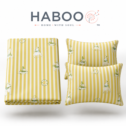 HABOO Kids Double Bed Bedsheet with 2 Pillow Covers | Soft Cotton Blend Nautical Sailing Print Bedding Set for Boys & Girls | 90 x 100 Inch Kids Bedroom Bedsheet