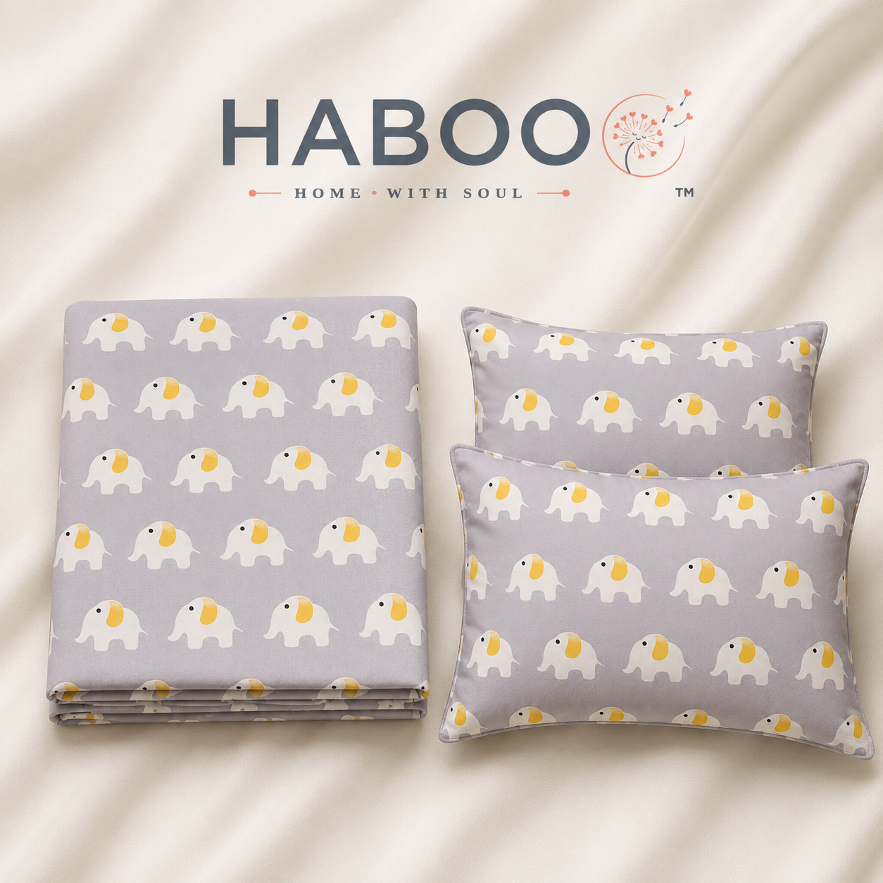 HABOO Kids Double Bed Bedsheet with 2 Pillow Covers | Cute Elephant Print Soft Cotton Blend Bedding Set for Boys & Girls | 90 × 100 Inch