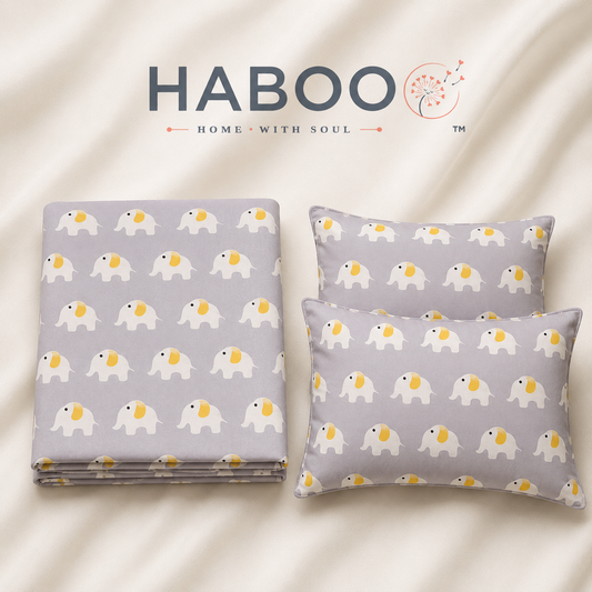 HABOO Kids Double Bed Bedsheet with 2 Pillow Covers | Cute Elephant Print Soft Cotton Blend Bedding Set for Boys & Girls | 90 × 100 Inch