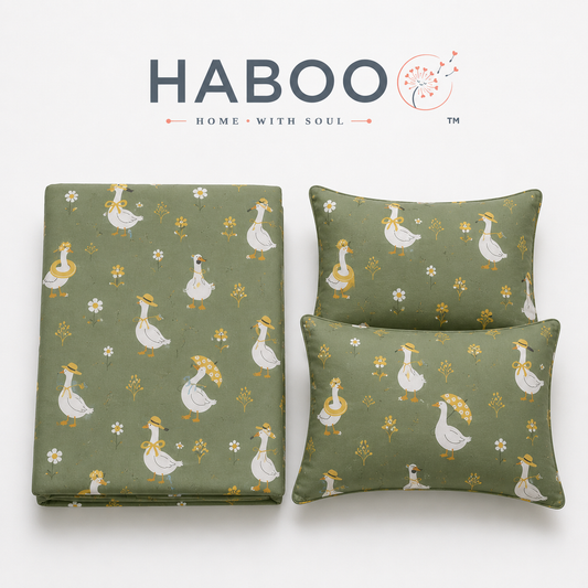 Kids Cotton Double Bed Bedsheet with 2 Pillow Covers | Cute Goose Print Green Bed Sheet for Boys & Girls | Soft Breathable Bedding Set