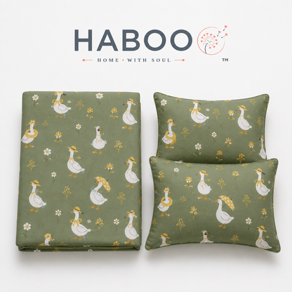 Kids Cotton Double Bed Bedsheet with 2 Pillow Covers | Cute Goose Print Green Bed Sheet for Boys & Girls | Soft Breathable Bedding Set