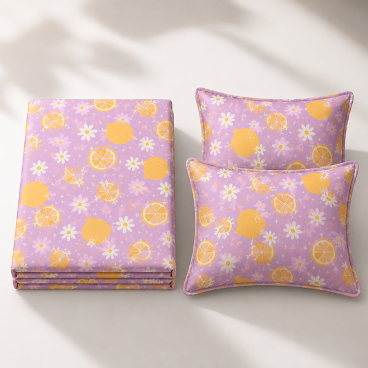 HABOO Citrus Bloom Kids Double Bed Bedsheet with 2 Pillow Covers | Lemon & Daisy Print | Soft Cotton Blend | 90 × 100 Inch