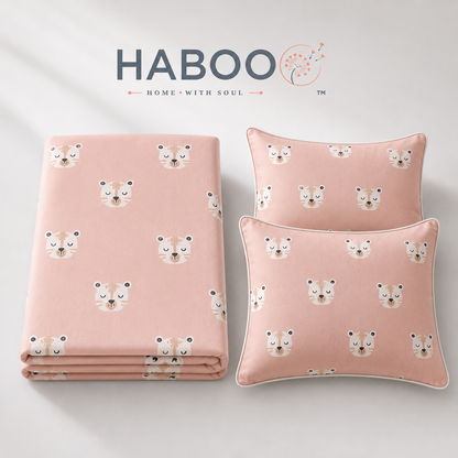 Cute White Tiger Print Double Bed Cotton Bedsheet with 2 Pillow Covers | Soft Pink Kids Bedding Set | Premium Breathable Bed Linen