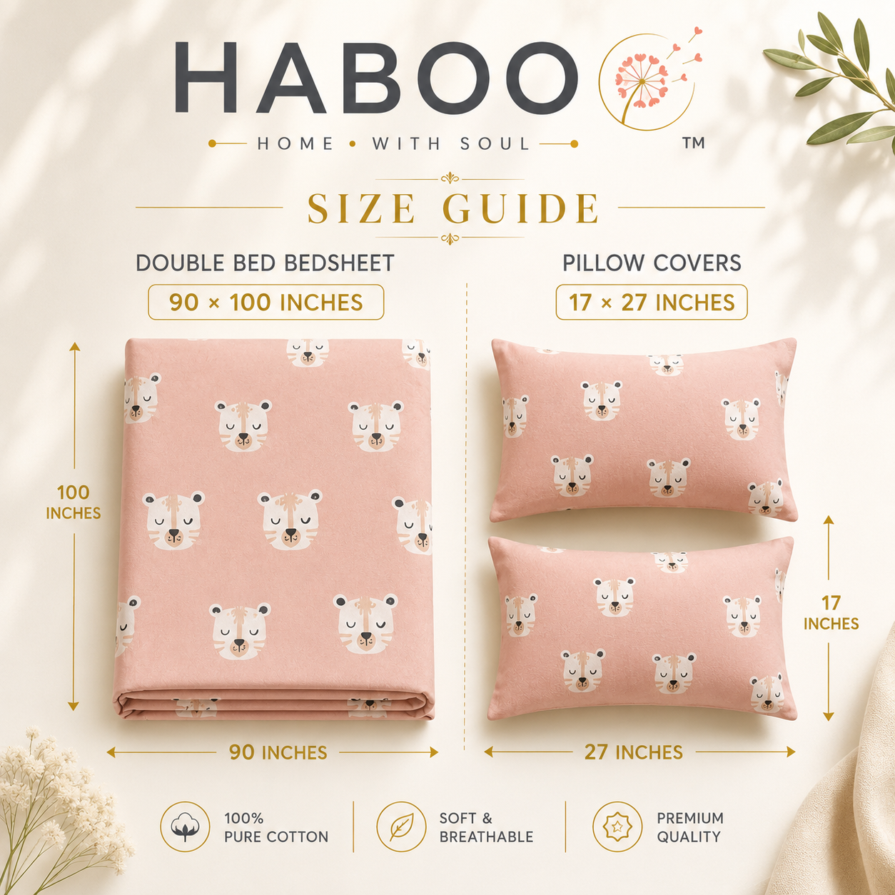 Cute White Tiger Print Double Bed Cotton Bedsheet with 2 Pillow Covers | Soft Pink Kids Bedding Set | Premium Breathable Bed Linen
