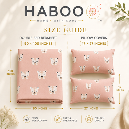 Cute White Tiger Print Double Bed Cotton Bedsheet with 2 Pillow Covers | Soft Pink Kids Bedding Set | Premium Breathable Bed Linen