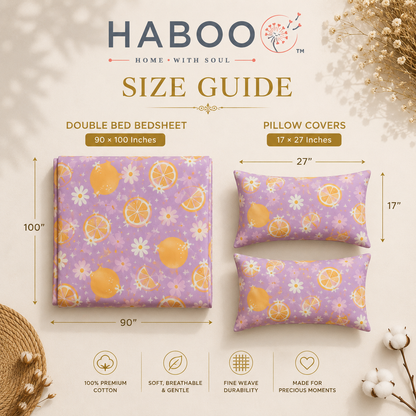 HABOO Citrus Bloom Kids Double Bed Bedsheet with 2 Pillow Covers | Lemon & Daisy Print | Soft Cotton Blend | 90 × 100 Inch