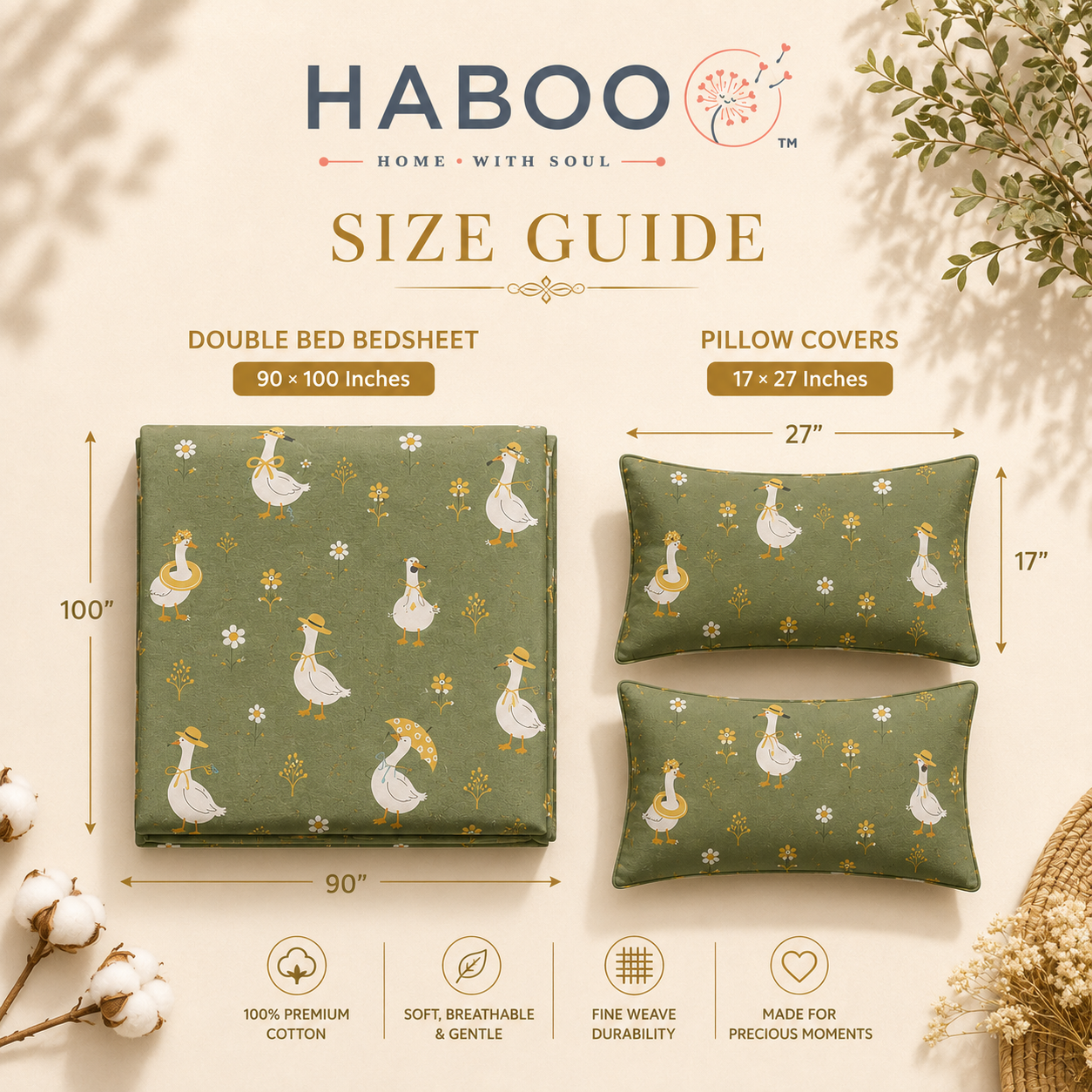 Kids Cotton Double Bed Bedsheet with 2 Pillow Covers | Cute Goose Print Green Bed Sheet for Boys & Girls | Soft Breathable Bedding Set