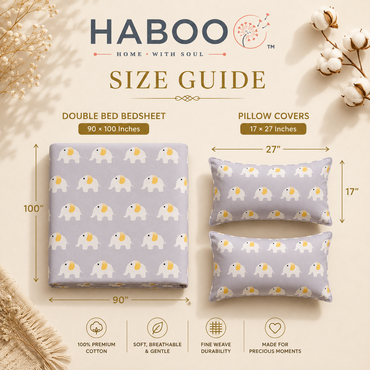 HABOO Kids Double Bed Bedsheet with 2 Pillow Covers | Cute Elephant Print Soft Cotton Blend Bedding Set for Boys & Girls | 90 × 100 Inch