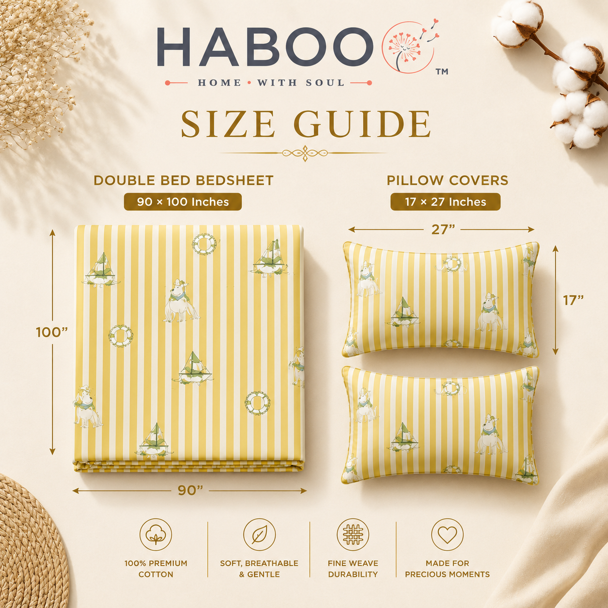 HABOO Kids Double Bed Bedsheet with 2 Pillow Covers | Soft Cotton Blend Nautical Sailing Print Bedding Set for Boys & Girls | 90 x 100 Inch Kids Bedroom Bedsheet