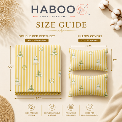 HABOO Kids Double Bed Bedsheet with 2 Pillow Covers | Soft Cotton Blend Nautical Sailing Print Bedding Set for Boys & Girls | 90 x 100 Inch Kids Bedroom Bedsheet