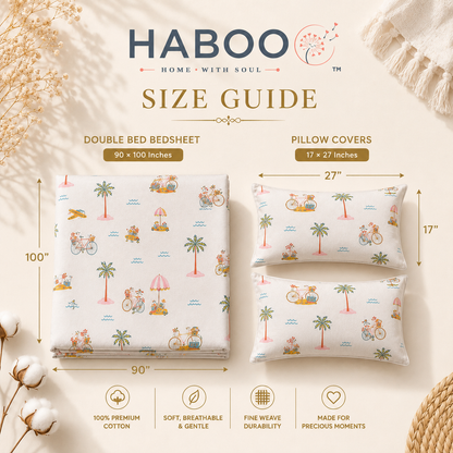 Premium Cotton King Size Double Bed Bedsheet Set with 2 Pillow Covers | Palm Tree & Beach Theme