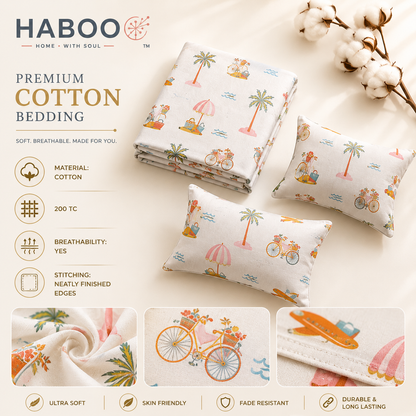 Premium Cotton King Size Double Bed Bedsheet Set with 2 Pillow Covers | Palm Tree & Beach Theme