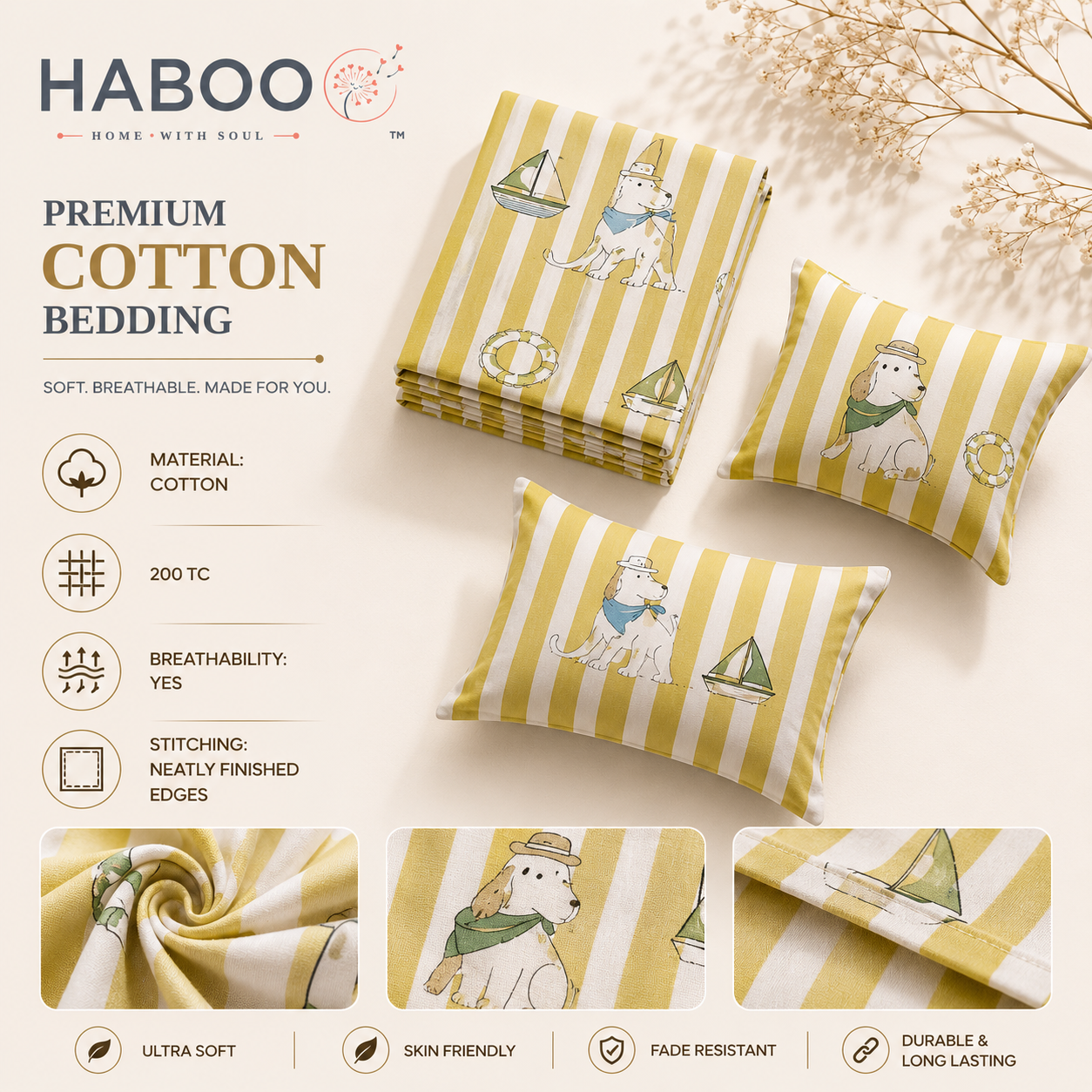 HABOO Kids Double Bed Bedsheet with 2 Pillow Covers | Soft Cotton Blend Nautical Sailing Print Bedding Set for Boys & Girls | 90 x 100 Inch Kids Bedroom Bedsheet