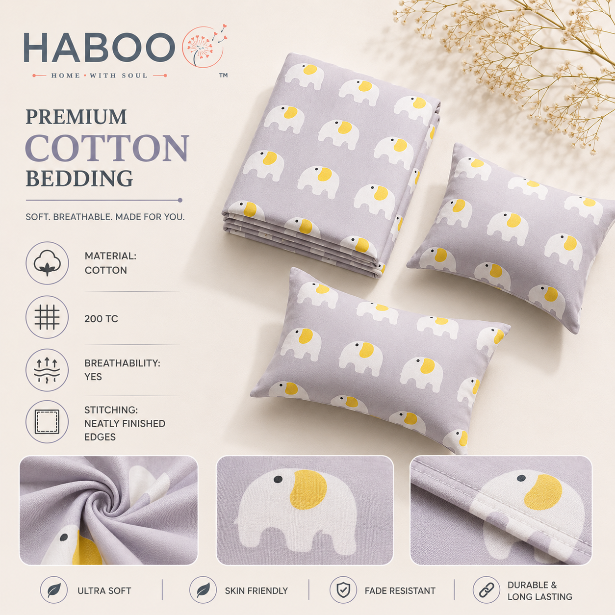 HABOO Kids Double Bed Bedsheet with 2 Pillow Covers | Cute Elephant Print Soft Cotton Blend Bedding Set for Boys & Girls | 90 × 100 Inch