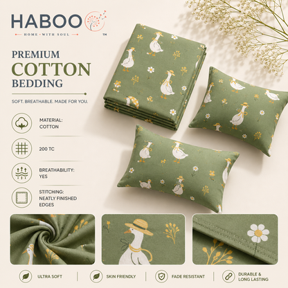 Kids Cotton Double Bed Bedsheet with 2 Pillow Covers | Cute Goose Print Green Bed Sheet for Boys & Girls | Soft Breathable Bedding Set