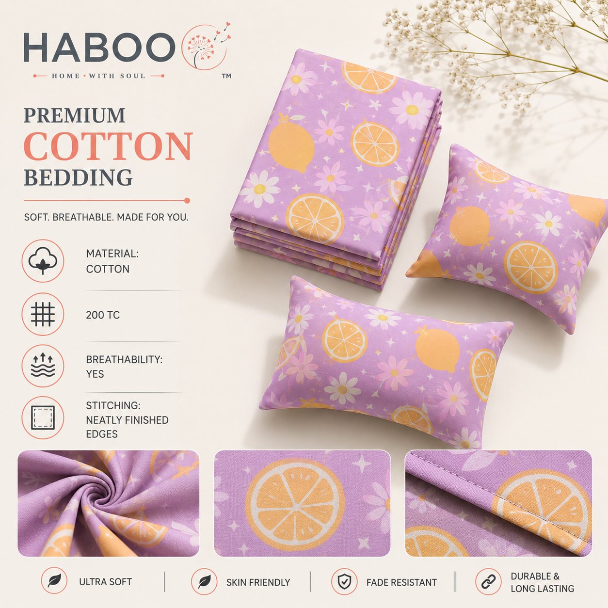 HABOO Citrus Bloom Kids Double Bed Bedsheet with 2 Pillow Covers | Lemon & Daisy Print | Soft Cotton Blend | 90 × 100 Inch