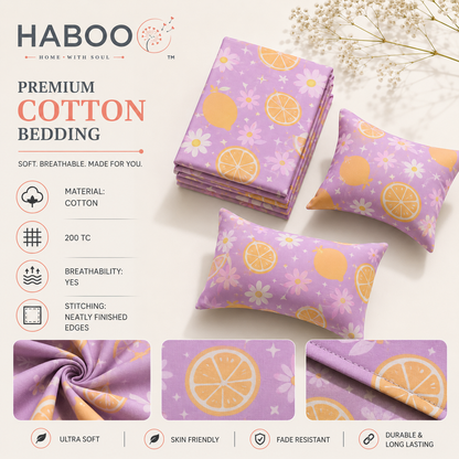 HABOO Citrus Bloom Kids Double Bed Bedsheet with 2 Pillow Covers | Lemon & Daisy Print | Soft Cotton Blend | 90 × 100 Inch