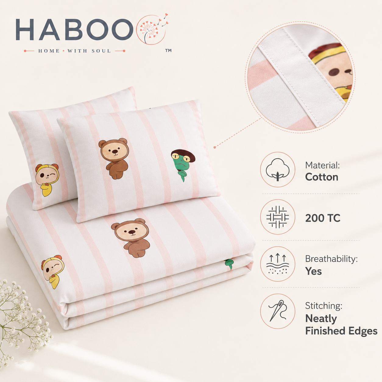 Peekaboo Pals Double Bed Cotton Bedsheet with 2 Pillow Covers | Soft Kids Printed Bedding Set | Premium Breathable Bed Linen