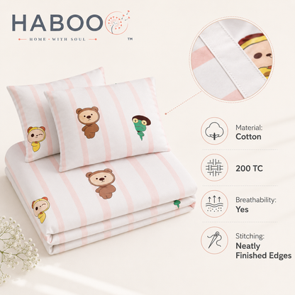 Peekaboo Pals Double Bed Cotton Bedsheet with 2 Pillow Covers | Soft Kids Printed Bedding Set | Premium Breathable Bed Linen