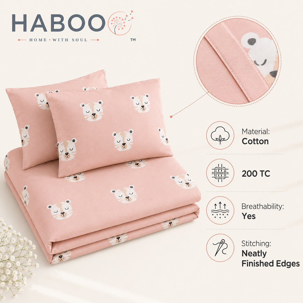 Cute White Tiger Print Double Bed Cotton Bedsheet with 2 Pillow Covers | Soft Pink Kids Bedding Set | Premium Breathable Bed Linen