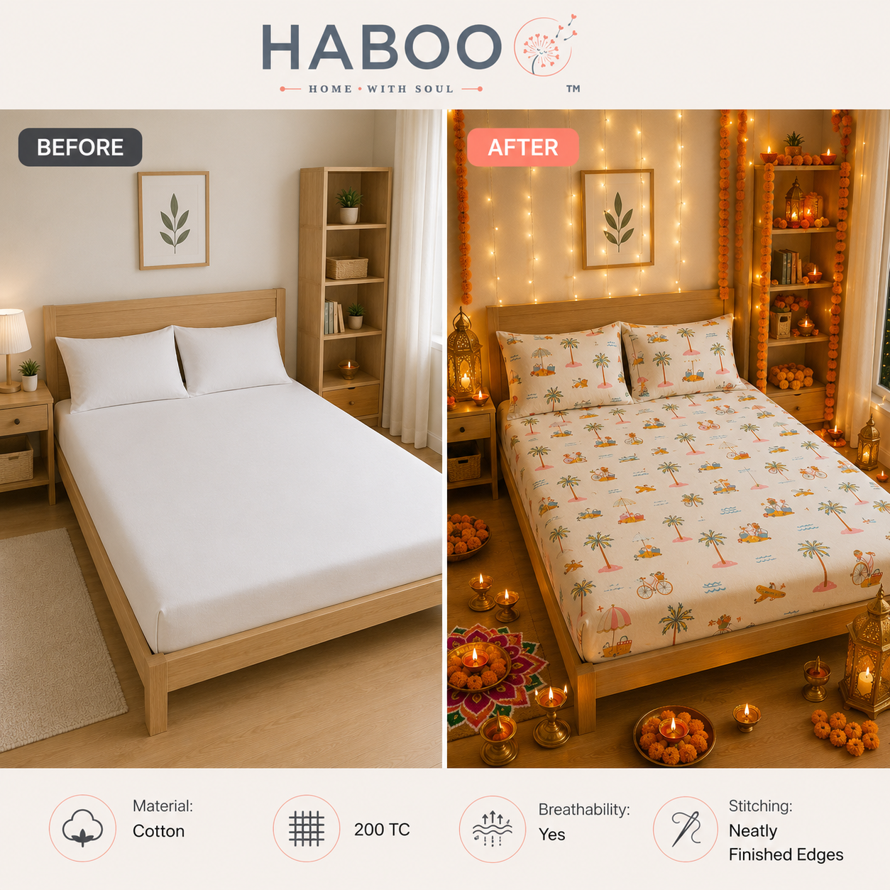 Premium Cotton King Size Double Bed Bedsheet Set with 2 Pillow Covers | Palm Tree & Beach Theme