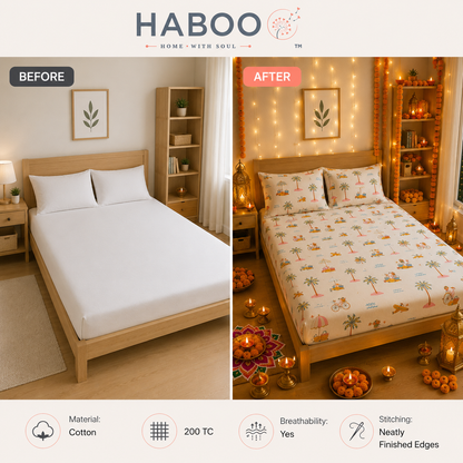 Premium Cotton King Size Double Bed Bedsheet Set with 2 Pillow Covers | Palm Tree & Beach Theme