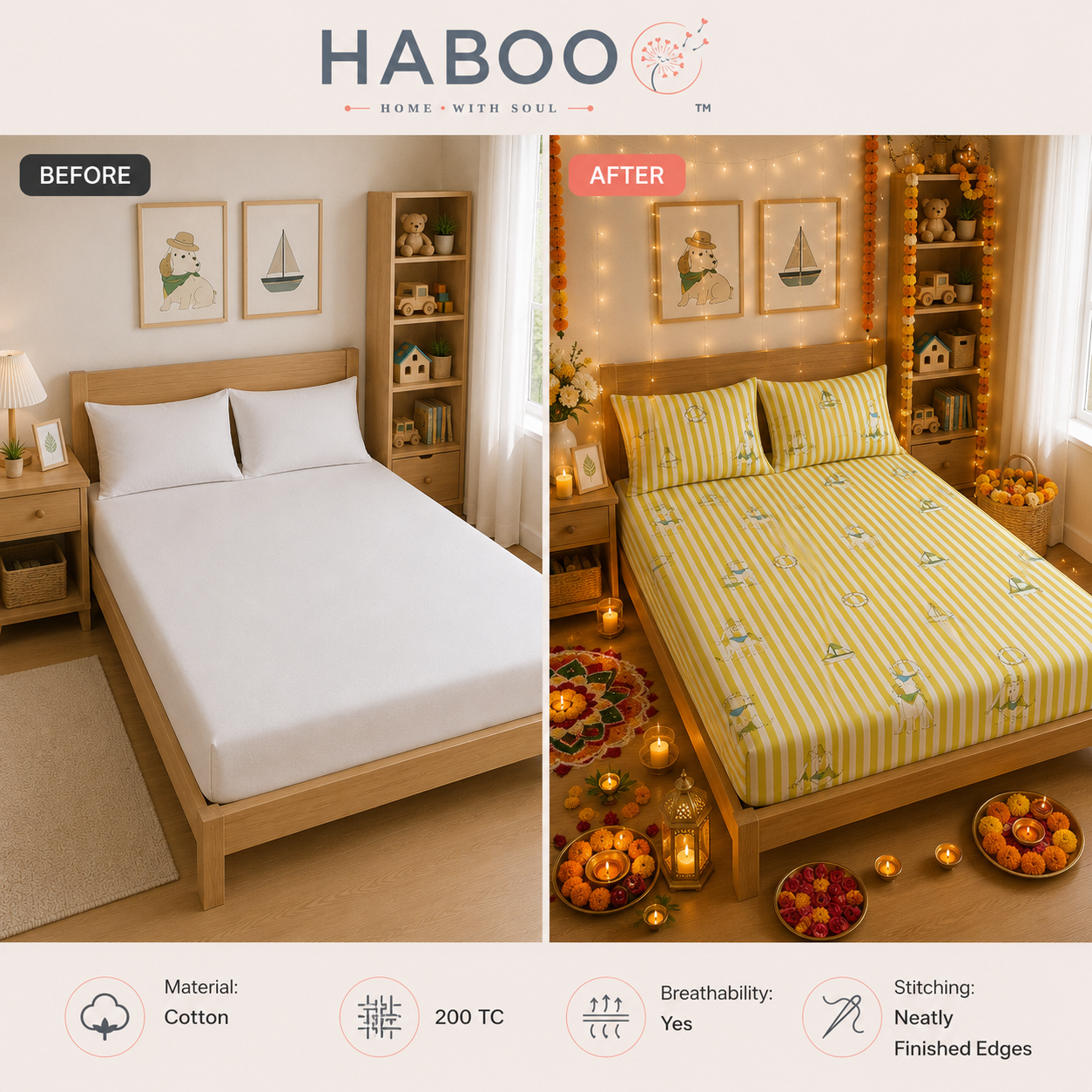 HABOO Kids Double Bed Bedsheet with 2 Pillow Covers | Soft Cotton Blend Nautical Sailing Print Bedding Set for Boys & Girls | 90 x 100 Inch Kids Bedroom Bedsheet