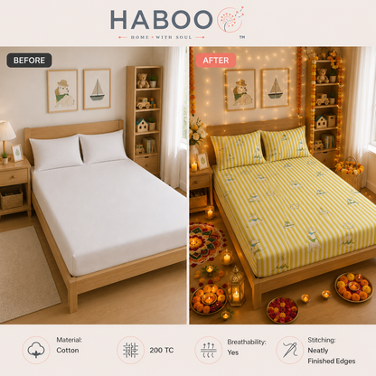 HABOO Kids Double Bed Bedsheet with 2 Pillow Covers | Soft Cotton Blend Nautical Sailing Print Bedding Set for Boys & Girls | 90 x 100 Inch Kids Bedroom Bedsheet
