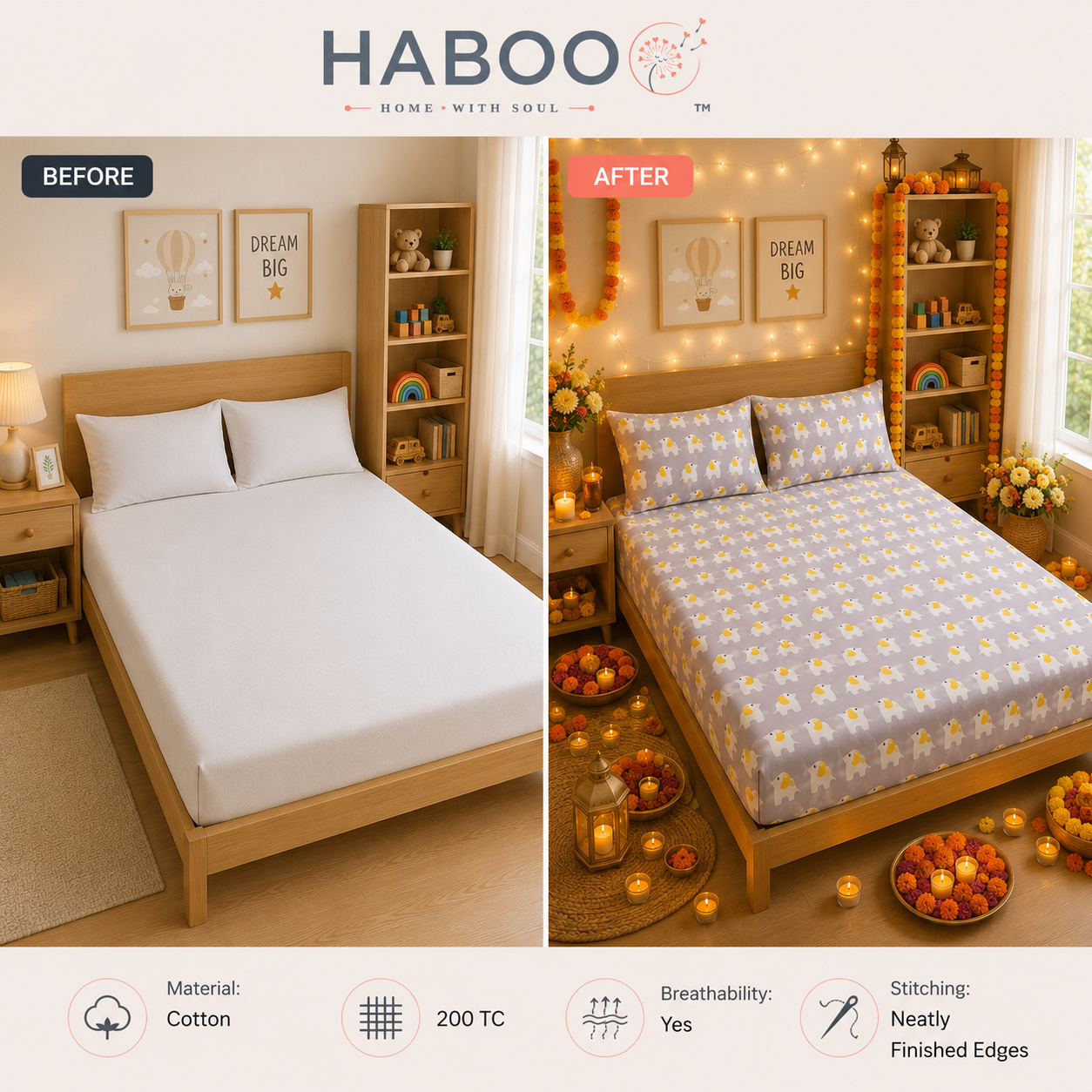 HABOO Kids Double Bed Bedsheet with 2 Pillow Covers | Cute Elephant Print Soft Cotton Blend Bedding Set for Boys & Girls | 90 × 100 Inch