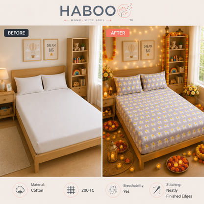 HABOO Kids Double Bed Bedsheet with 2 Pillow Covers | Cute Elephant Print Soft Cotton Blend Bedding Set for Boys & Girls | 90 × 100 Inch