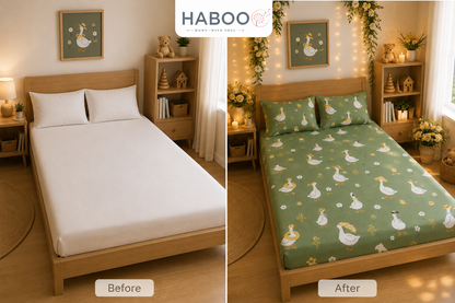 Kids Cotton Double Bed Bedsheet with 2 Pillow Covers | Cute Goose Print Green Bed Sheet for Boys & Girls | Soft Breathable Bedding Set