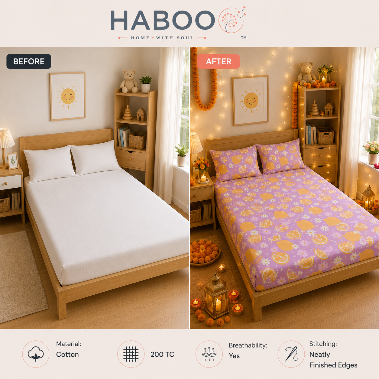 HABOO Citrus Bloom Kids Double Bed Bedsheet with 2 Pillow Covers | Lemon & Daisy Print | Soft Cotton Blend | 90 × 100 Inch