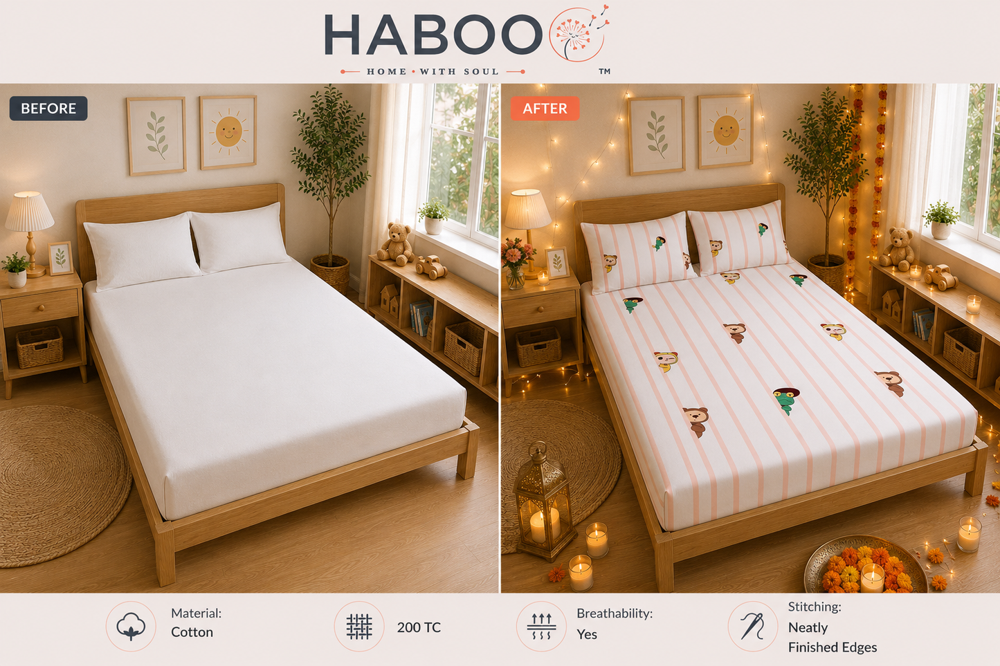 Peekaboo Pals Double Bed Cotton Bedsheet with 2 Pillow Covers | Soft Kids Printed Bedding Set | Premium Breathable Bed Linen