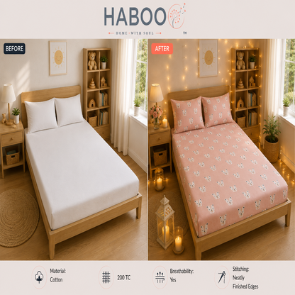 Cute White Tiger Print Double Bed Cotton Bedsheet with 2 Pillow Covers | Soft Pink Kids Bedding Set | Premium Breathable Bed Linen