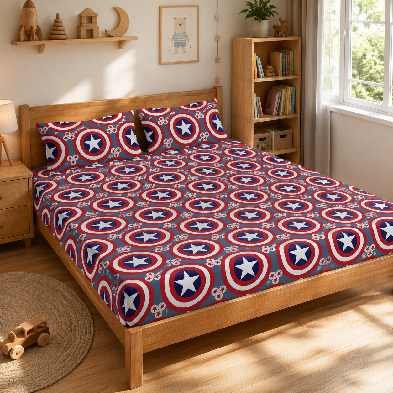 Red, White & Navy Star Shield Print Double Bedsheet with 2 Pillow Covers – Kids Bedding Set