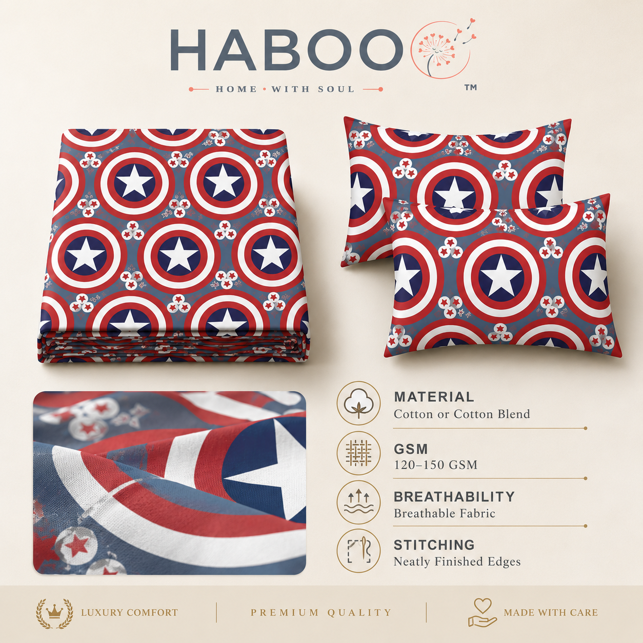 Red, White & Navy Star Shield Print Double Bedsheet with 2 Pillow Covers – Kids Bedding Set