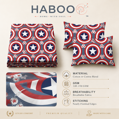 Red, White & Navy Star Shield Print Double Bedsheet with 2 Pillow Covers – Kids Bedding Set