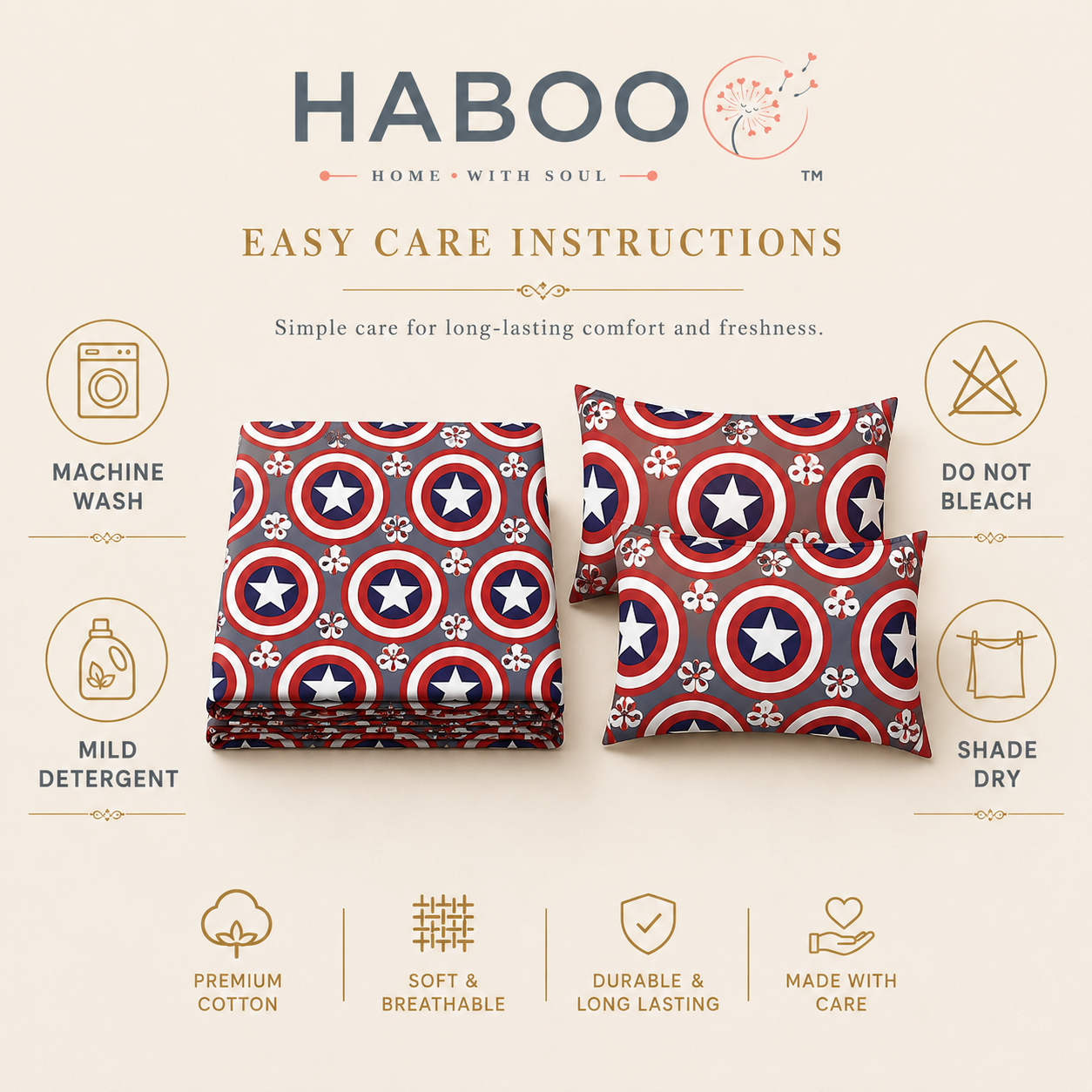 Red, White & Navy Star Shield Print Double Bedsheet with 2 Pillow Covers – Kids Bedding Set
